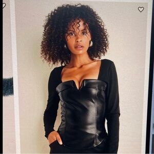 VENUS Black Faux Leather Square Neck Top